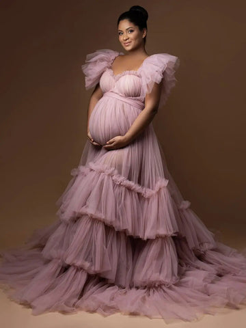 MQTIME  -  Ruffle Evening Dresses Women's Sweetheart Off Shoulder Pregnancy Bathgown Maternity Custom Made Tulle Robe for Photo Shoot